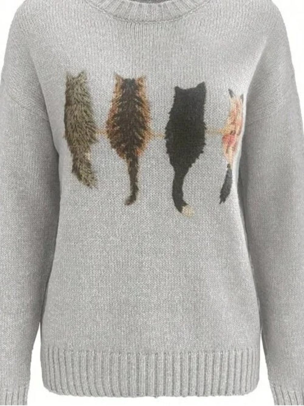 Cozy Grey Crewneck Sweater with Cat Tail Motif